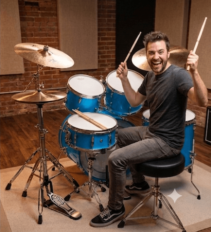 Thiago Tatsch tocando bateria, depois do desafio